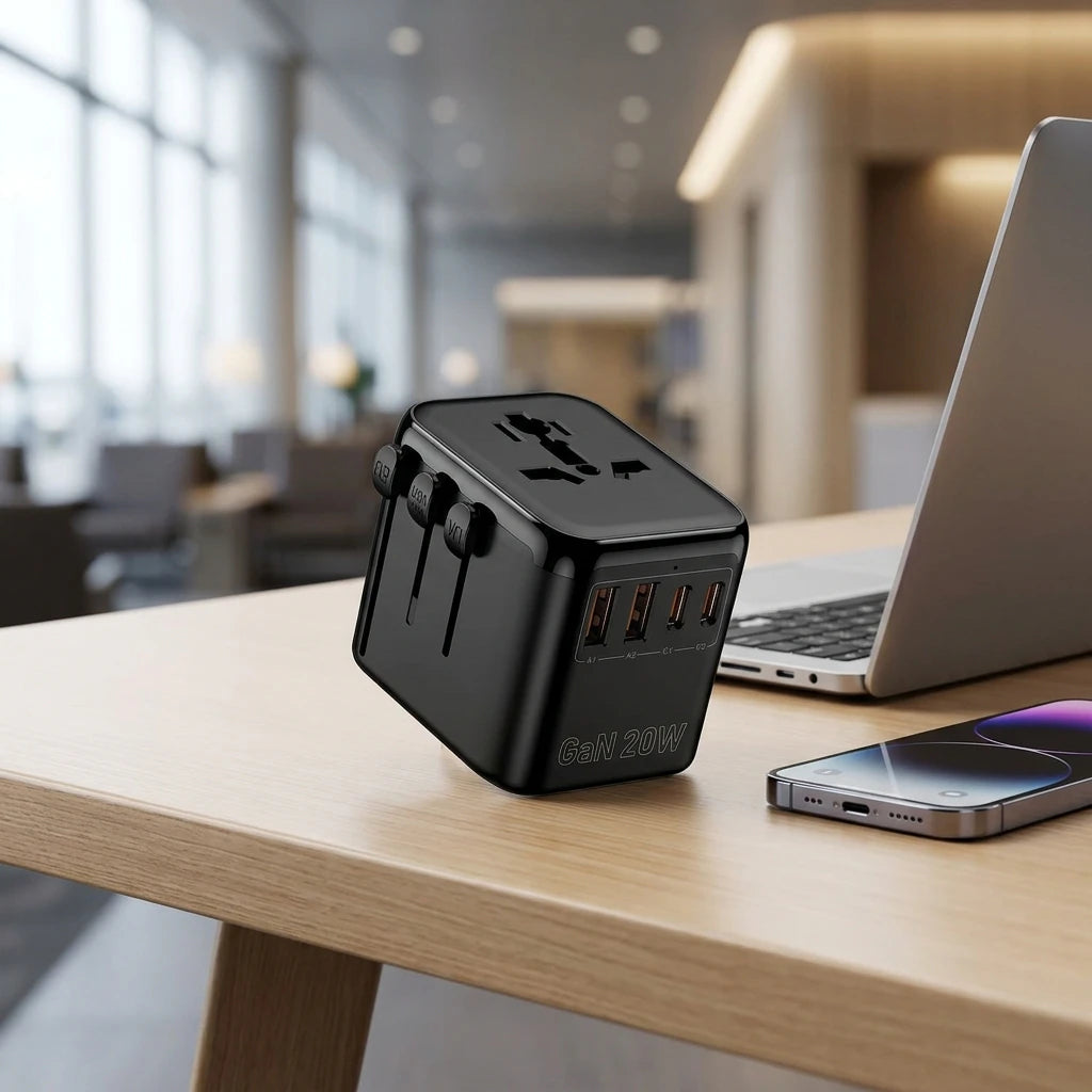 Black multi-port charger on a desk with a laptop and smartphone in an office setting